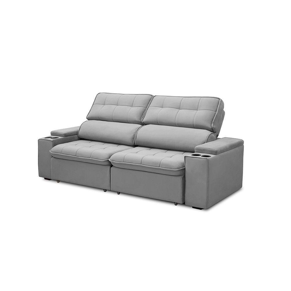 Sofá Retrátil E Reclinável 3 Lugares 230cm Zoho Porta Copos No Braço Veludo Cinza G22 - Gran Belo - 2
