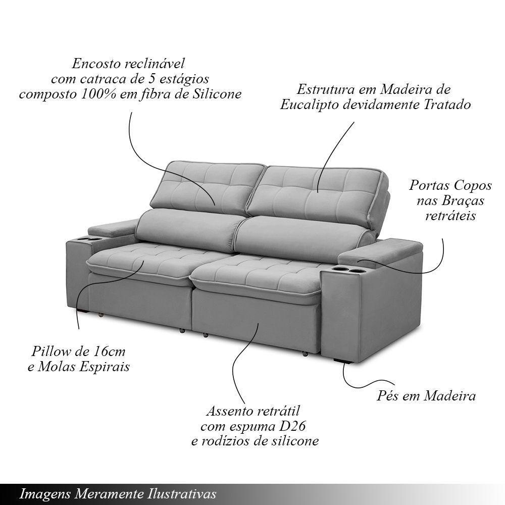 Sofá Retrátil E Reclinável 3 Lugares 230cm Zoho Porta Copos No Braço Veludo Cinza G22 - Gran Belo - 3