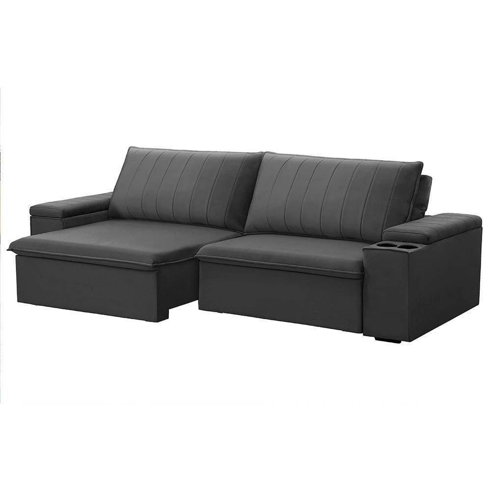 Sofá Retrátil E Reclinável 3 Lugares 225cm Kent Porta Copos No Braço Veludo Grafite G22 - Gran Belo - 1