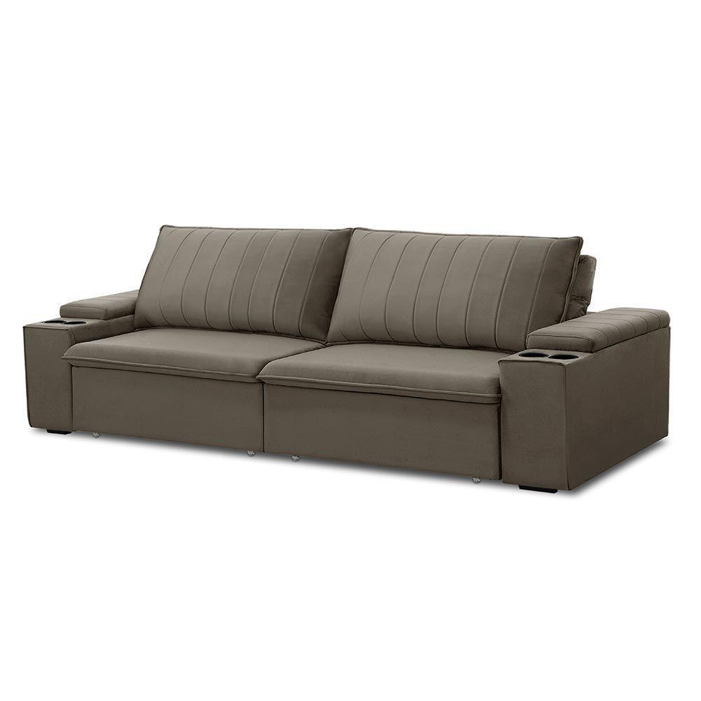 Sofá Retrátil E Reclinável 3 Lugares 225cm Kent Porta Copos No Braço Veludo Castor G22 - Gran Belo - 4