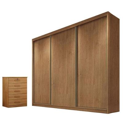 Guarda Roupa Casal Londres 3 Portas 4 Gavetas Cumaru 23 e Gaveteiro Suíça MDF