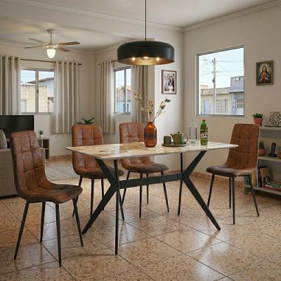 Kit Mesa de Jantar Pandora 4 Lugares Tampo em Plástico com Granito Cadeiras Estofadas Marrom 140CM