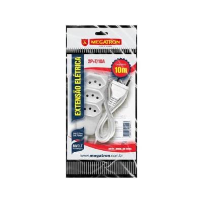 Extensão Elétrica Tripla 10M 10A 2P+T 3 Tomadas Cabo PP 0,75mm2 Branco Bivolt Megatron