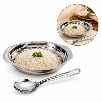 Conjunto para Arroz 2 Peças Inox Cumbuca e Colher Mesa Posta Almoço Jantar Multiuso Luxo
