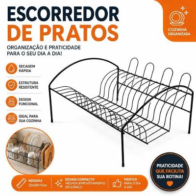 Escorredor de Pratos Compacto com Porta Copos em Metal Resistente para Cozinha Preto