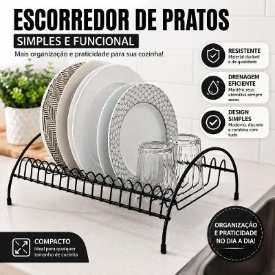 Escorredor de Pratos Simples Organizador de Pia Compacto em Metal Preto para Cozinha