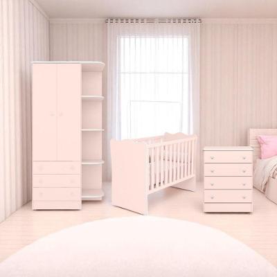 Conjunto Infantil Aurora Berço Cômoda Guarda Roupa 2 Portas 4 Gavetas MDP Rosa Acetinado Qmovi