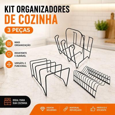 Kit Organizador de Cozinha 3 Peças Porta Pratos Refratários e Copos Aramado Metal Preto para Armário