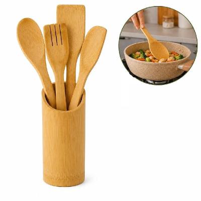 Jogo de Utensílios Casita Cozinha Bambu Natural Organizador Porta Talheres Colher Espátula Garfo 5