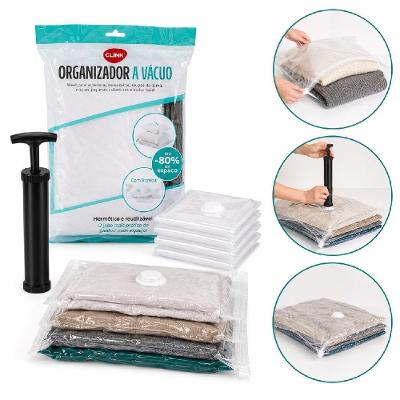 Kit Sacos a Vácuo Organizadores com Bomba Manual Plástico PET e PE Reduz Volume Até 80% Guarda Roupa