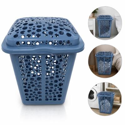 Cesto de Roupa Suja com Tampa Telado Organizador Plastico Lavanderia Quarto Banheiro Azul 80L