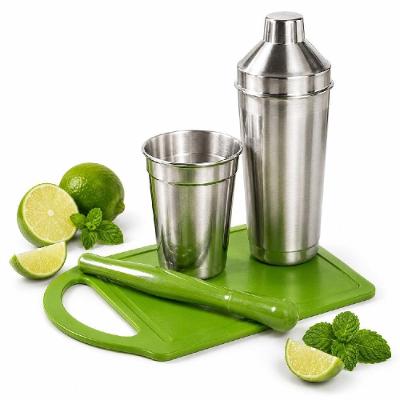 Kit Caipirinha 4 Peças Completo Preparar Drinks Alumínio Socador Tábua Verde