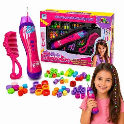 Kit Beleza Infantil Cabeleireiro com Aplicador de Miçangas e Pente Brincando Salão Menina