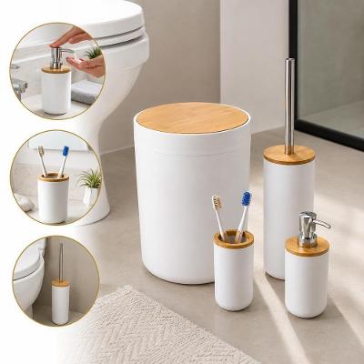 Kit Banheiro 4 Pecas Lixeira Escova Sanitaria Dispenser Branco Bambu Plastico PP Bivolt
