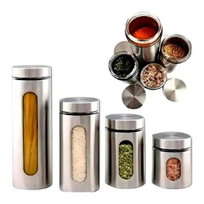 Porta Mantimentos Kit Hermetico Aco Inoxidavel Visor Vidro Organizador Cozinha Inox 4 Potes