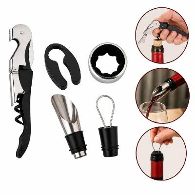 Kit Acessorios para Vinho Completo 5 Pecas Inox Abridor Saca Rolhas Corta Lacre Bico Dosador Anti