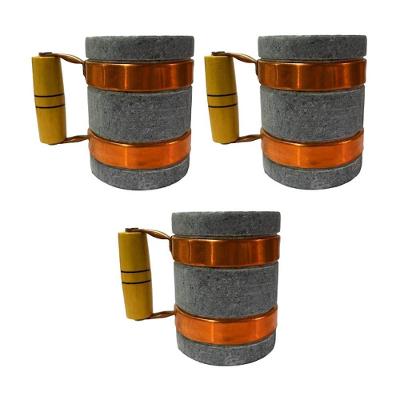 Kit 3 Canecas AF1001X3INDSJ Chopp Cerveja Pedra de Sabão Alça Madeira Bebidas Quentes e Frias Cobre