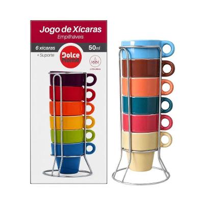 Jogo de Xícaras Dolce Home Café Espresso Cerâmica Empilháveis para Cozinha Multicolorido 6 Peças