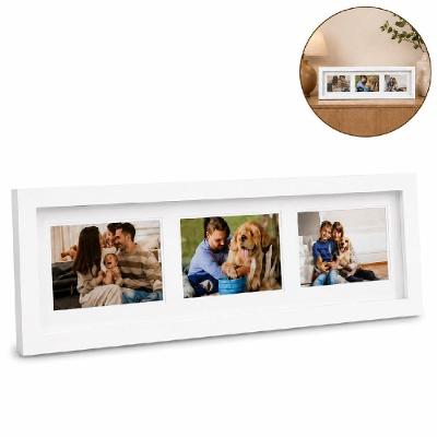Mural Porta Retrato para 3 Fotos com Design Moderno Branco com Proteção em Vidro 55CM 18CM