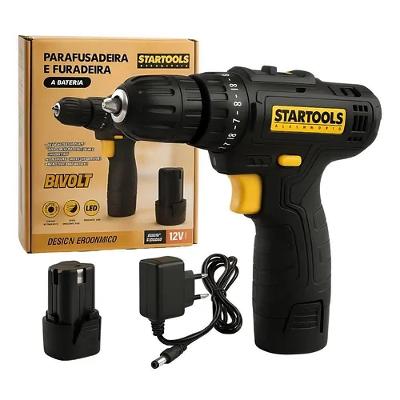 Parafusadeira Furadeira Doméstico Startools sem Fio Reversível LED 120W Preto Bivolt 12V