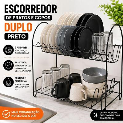 Escorredor de Pratos e Copos Duplo Preto em Aço Resistente para Cozinha