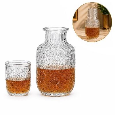 Moringa de Vidro com Copo Porta Bebida Decorada Luxo para Agua Sucos Quartos Transparente 500ML