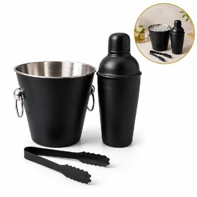 Kit para Drinks e Coquetéis Profissional Aço Inoxidável Balde de Gelo Coqueteleira Pegador Preto