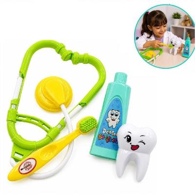 Kit Médico Infantil Dentista Brinquedo Educativo Faz de Conta 4 Peças Estetoscópio Escova Dente