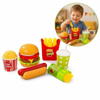 Kit Lanchinho Infantil Fast Food Brinquedo Faz de Conta Hamburguer Batata Pipoca Suco Tortinha