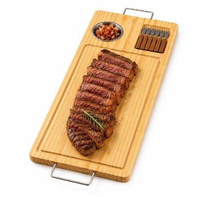 Tabua Bambu Churrasco Completa Molheira 6 Garfinhos Divisorias Bandeja Corte Petisqueira Madeira