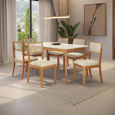 Conjunto Sala de Jantar Nara CSJ449CA 6 Lugares Tampo Vidro Off White com Cadeiras Linho Areia