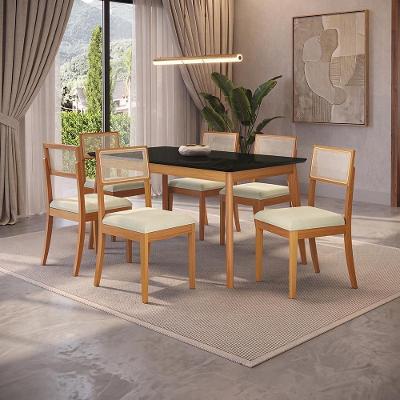 Conjunto Sala de Jantar Nara CSJ450CA 6 Lugares Tampo em Vidro Preto Fosco Madeira Maciça Linho