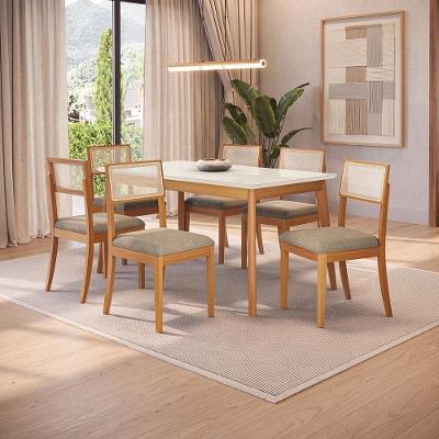 Conjunto Sala de Jantar Nara CSJ449CA 6 Lugares Tampo Vidro Off White Madeira Maciça Linho Fendi