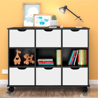 Conjunto Nicho Organizador Kenya 9 Espaços com Rodízios Preto com 6 Gavetas Qmovi