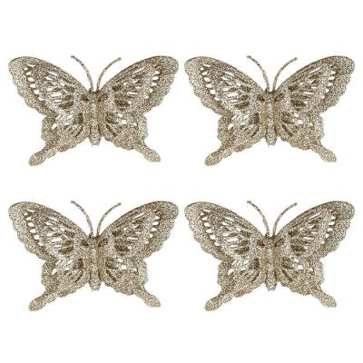 Enfeite Natalino Kit 4 Borboletas Natalinas Decorativas Acetinadas com Glitter Vazado Champanhe