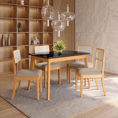 Conjunto Sala de Jantar Nara CSJ448CA 4 Lugares Tampo Vidro Preto Fosco Fendi Kappesberg