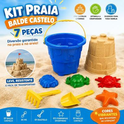 Kit Infantil de Praia Castelo com Pá Rastelo e Forminhas 7 Peças Azul