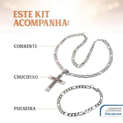Kit Cordão com Pingente e Pulseira Orizom Aço Inox Prata Pai Nosso Crucifixo Masculino