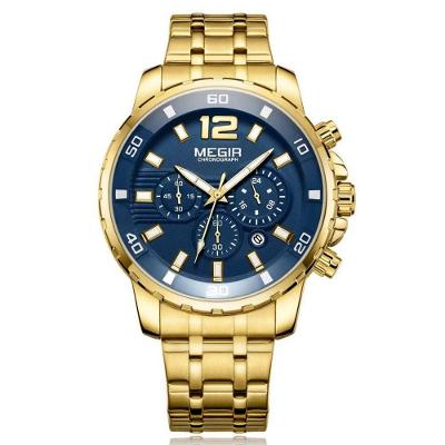 Relógio de Pulso Esportivo de Aço Inoxidável Quartzo Casual à Prova D´agua Dourado Megir
