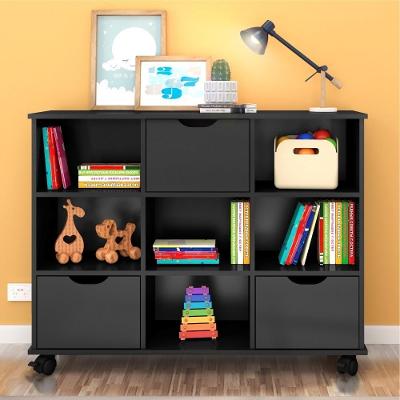 Conjunto Nicho Organizador Kenya 9 Espaços MDP Preto com Rodízios Kit 3 Gavetas Qmovi