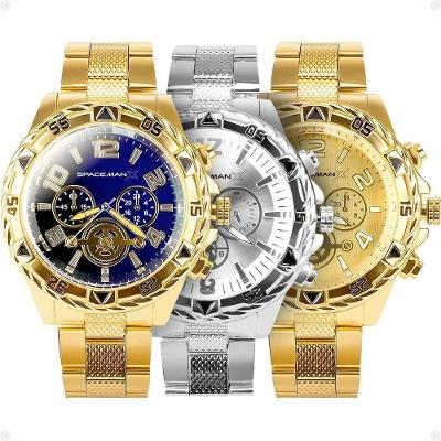 Relógio Masculino Spaceman Kit 3 Analógico Aço Inox LED Dourado Prata Orizom