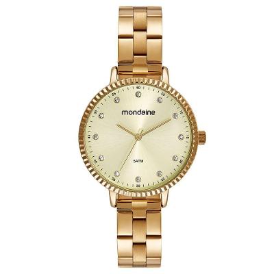 Relógio Feminino Cristais Analógico Pulseira Aço Inox Dourado Mondaine