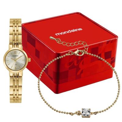 Relógio de Pulso Feminino Kit com Pulseira Analógico Dourado Mondaine