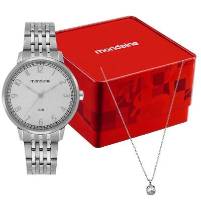 Relógio de Pulso com Colar Feminino Kit Numeração Completa Analógico Aço Inox Prata Mondaine