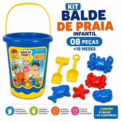 Kit Balde de Praia Infantil com Acessórios para Areia +18 Meses Azul 8 Peças