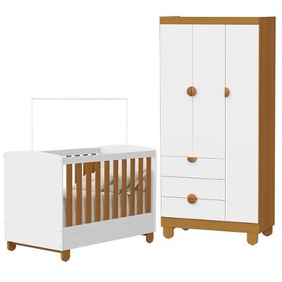 Berço e Guarda Roupa Infantil Apolo 3 Portas 3 Gavetas MDF Branco Fosco Savana Reller Móveis