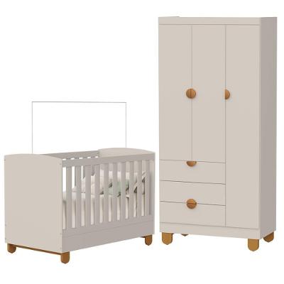Berço Americano e Guarda Roupa Infantil Apolo 3 Portas 3 Gavetas MDF Areia Fosco Bege Reller