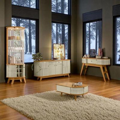 Conjunto Aparador Buffet Cristaleira Mesa de Centro Estoril 4 Portas 5 Prateleiras MDP Cumaru-Opala