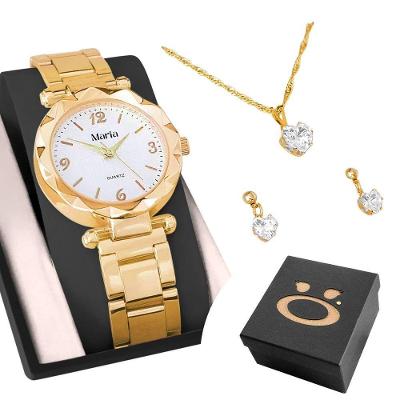 Relógio Feminino Maria Analógico Pulseira Aço Inox Kit Colar Brinco Caixa Premium Dourado Orizom