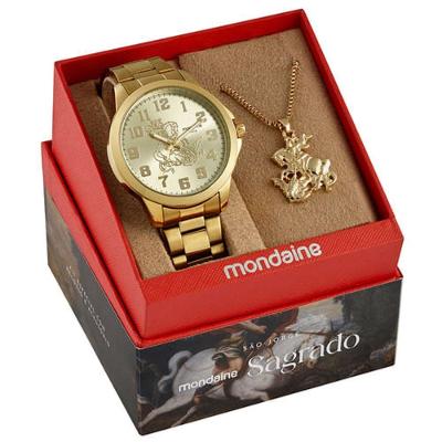 Relógio de Pulso Kit Masculino São Jorge Analógico Pulseira Metal Dourado com Colar Mondaine